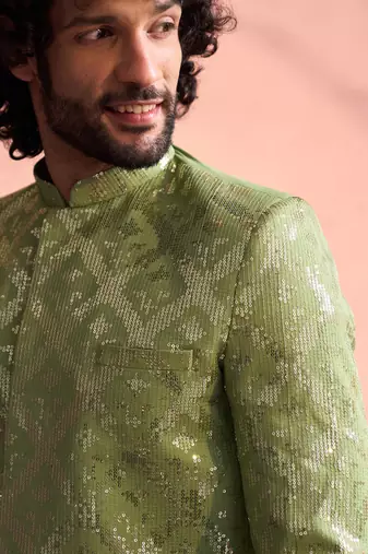 Vastramay men's mint green georgette sherwani only top