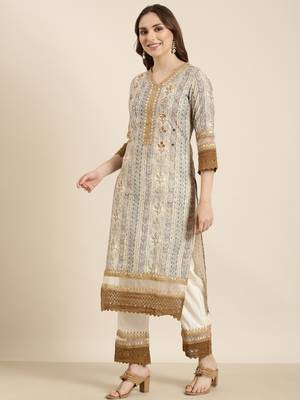 women's v-neck floral foil print beige straight kurta and trouser with dupatta 3