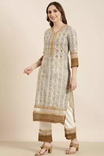 women's v-neck floral foil print beige straight kurta and trouser with dupatta