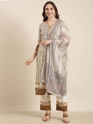 women's v-neck floral foil print beige straight kurta and trouser with dupatta 4