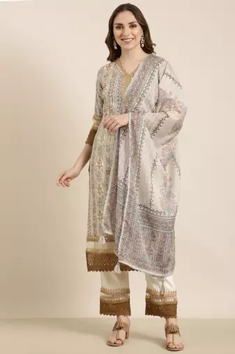women's v-neck floral foil print beige straight kurta and trouser with dupatta