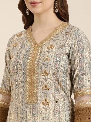 women's v-neck floral foil print beige straight kurta and trouser with dupatta 5