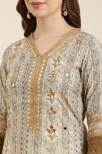 women's v-neck floral foil print beige straight kurta and trouser with dupatta