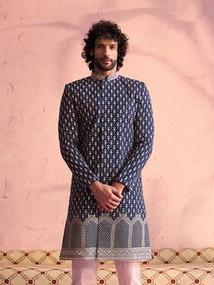 Men'S Navy Blue And Pink Georgette Sherwani Only Top 1
