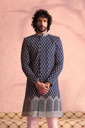 Men'S Navy Blue And Pink Georgette Sherwani Only Top