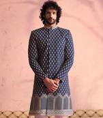 Men'S Navy Blue And Pink Georgette Sherwani Only Top