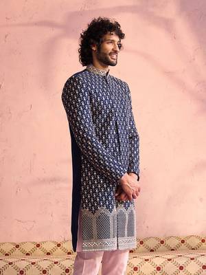 Men'S Navy Blue And Pink Georgette Sherwani Only Top 2