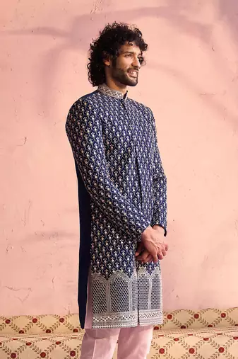 Men'S Navy Blue And Pink Georgette Sherwani Only Top