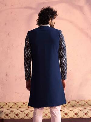 Men'S Navy Blue And Pink Georgette Sherwani Only Top 3