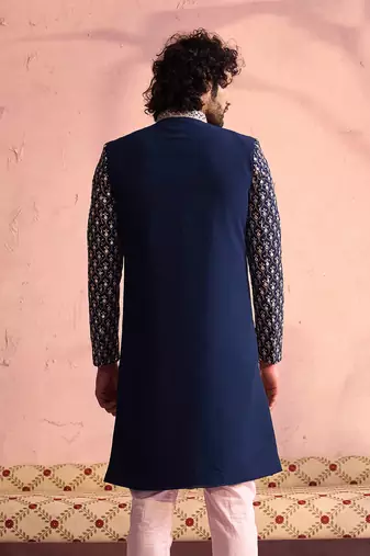 Men'S Navy Blue And Pink Georgette Sherwani Only Top