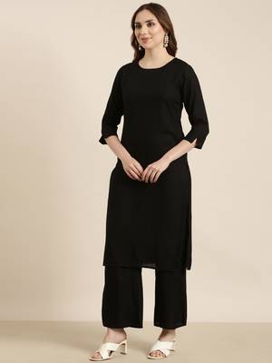 women's round neck solid black straight kurta and palazzos 3