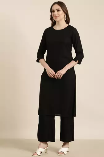 women's round neck solid black straight kurta and palazzos