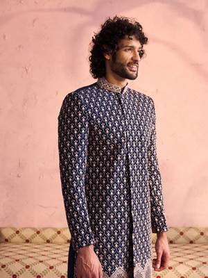 Men'S Navy Blue And Pink Georgette Sherwani Only Top 4