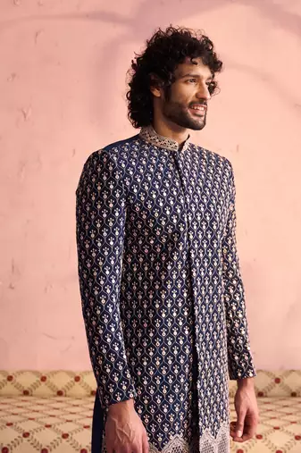 Men'S Navy Blue And Pink Georgette Sherwani Only Top
