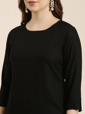 women's round neck solid black straight kurta and palazzos 5