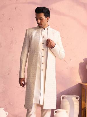 Men'S Cream Silk Blend Sherwani Only Top 1