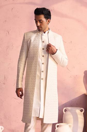 Men'S Cream Silk Blend Sherwani Only Top