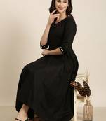 women's v-neck solid black anarkali kurta and trouser