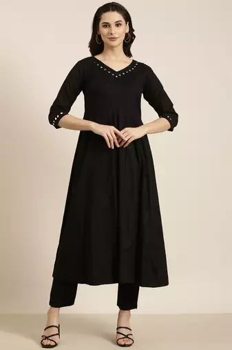 women's v-neck solid black anarkali kurta and trouser