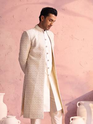 Men'S Cream Silk Blend Sherwani Only Top 2