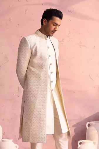 Men'S Cream Silk Blend Sherwani Only Top