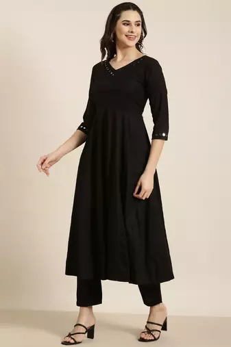 women's v-neck solid black anarkali kurta and trouser