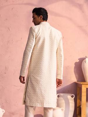 Men'S Cream Silk Blend Sherwani Only Top 3