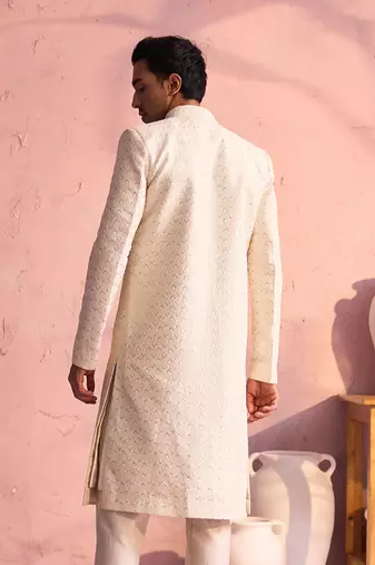 Men'S Cream Silk Blend Sherwani Only Top