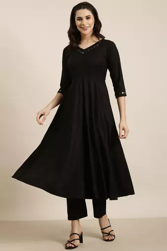 women's v-neck solid black anarkali kurta and trouser