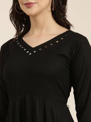 women's v-neck solid black anarkali kurta and trouser 5