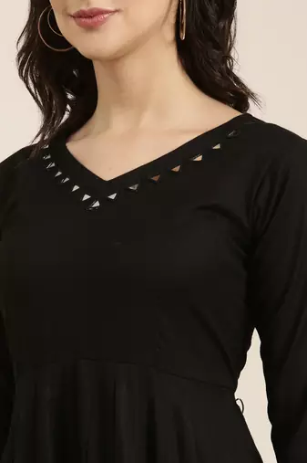 women's v-neck solid black anarkali kurta and trouser