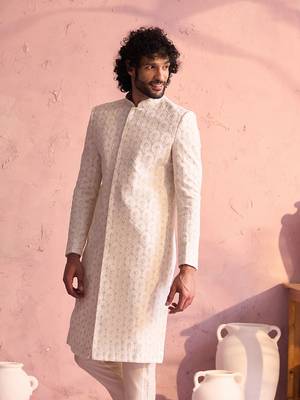 Men'S Cream Georgette Sherwani Only Top 1