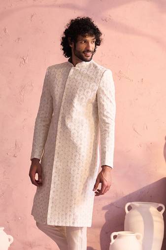Men'S Cream Georgette Sherwani Only Top