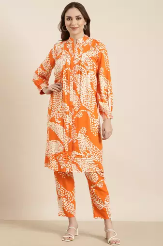 women's mandarin collar abstract orange a-line kurta and trouser
