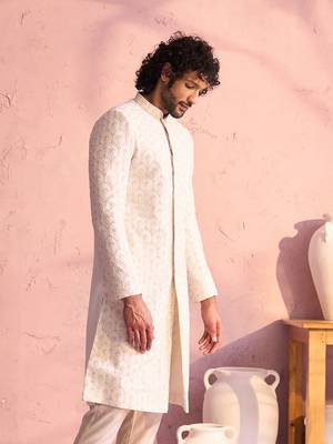 Men'S Cream Georgette Sherwani Only Top 2