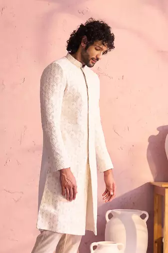 Men'S Cream Georgette Sherwani Only Top