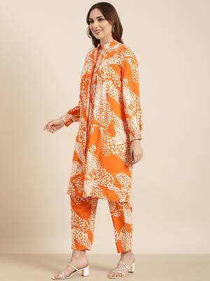 women's mandarin collar abstract orange a-line kurta and trouser 3