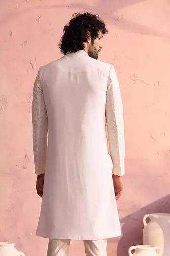 Men'S Cream Georgette Sherwani Only Top