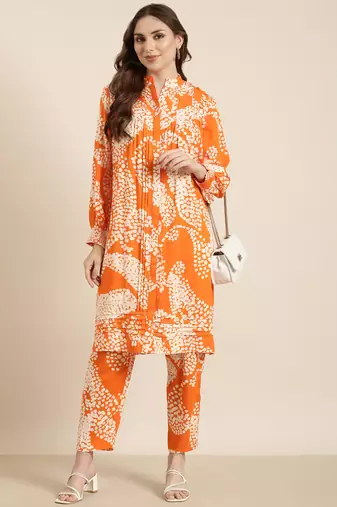 women's mandarin collar abstract orange a-line kurta and trouser