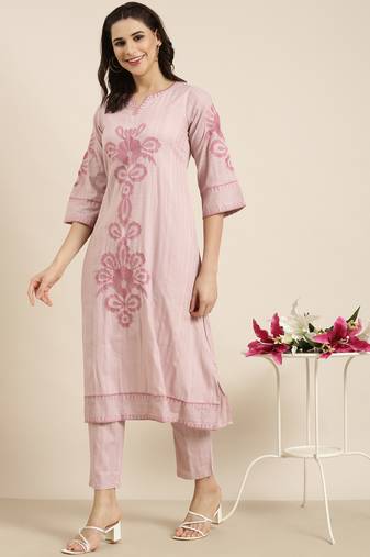 women's round neck woven design peach a-line kurta and trouser