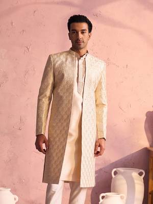 Men'S Beige Silk Blend Sherwani Only Top 1
