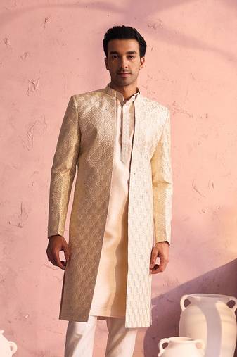 Men'S Beige Silk Blend Sherwani Only Top