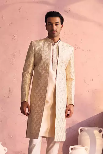 Men'S Beige Silk Blend Sherwani Only Top