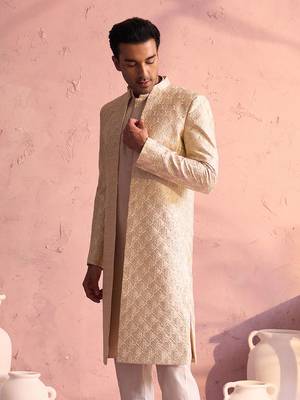 Men'S Beige Silk Blend Sherwani Only Top 2