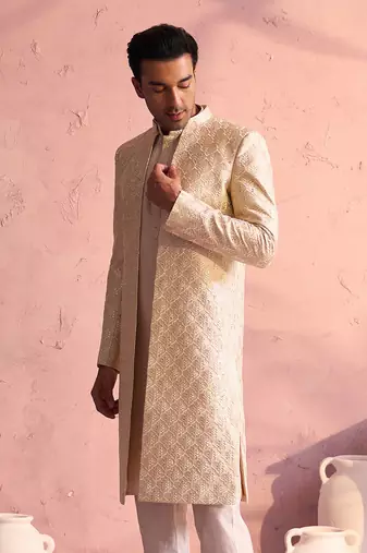 Men'S Beige Silk Blend Sherwani Only Top