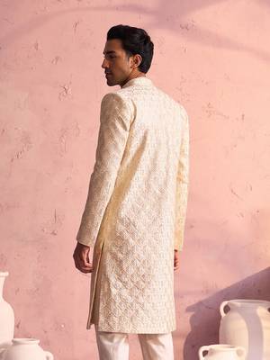 Men'S Beige Silk Blend Sherwani Only Top 3