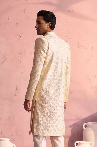 Men'S Beige Silk Blend Sherwani Only Top