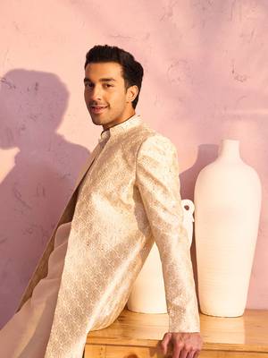 Men'S Beige Silk Blend Sherwani Only Top 4