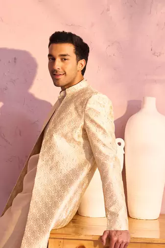 Men'S Beige Silk Blend Sherwani Only Top