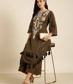 women's round neck solid olive a-line kurta and palazzos